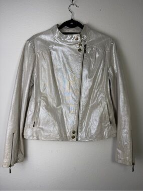 LIVE A LITTLE Womens Jacket M Pearlescent Leather Pearl Metallic Moto Shimmer